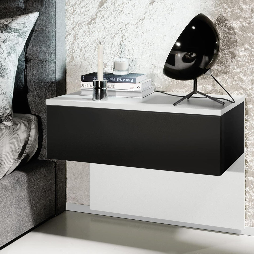 Vladon Nachttisch Sleep, Nachttischschrank mit Schublade zur Wandmontage, Weiss matt/Schwarz matt (6