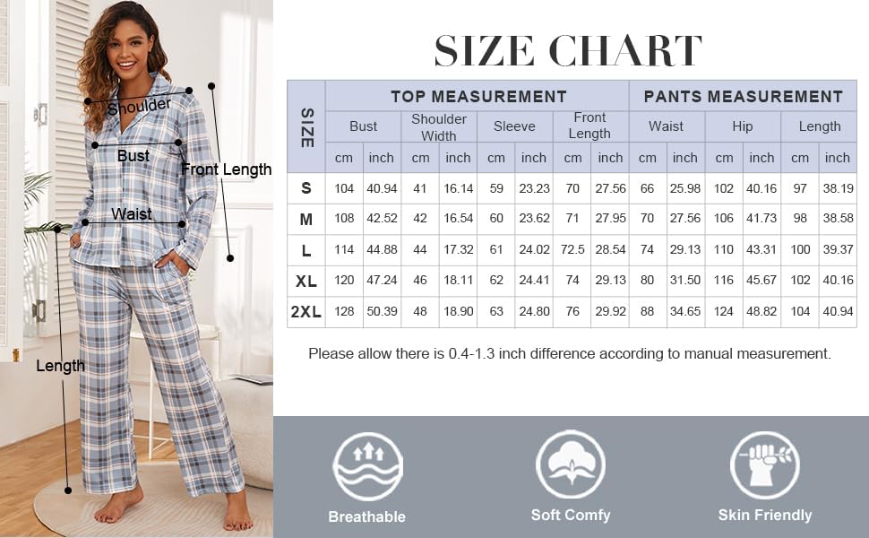 Famulily Frauen Langarm Pyjama Set Plaid Loungewear Sets Button Up Top und Wide Leg Hosen S-XXL S Gr