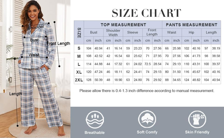 Famulily Frauen Langarm Pyjama Set Plaid Loungewear Sets Button Up Top und Wide Leg Hosen S-XXL S Gr