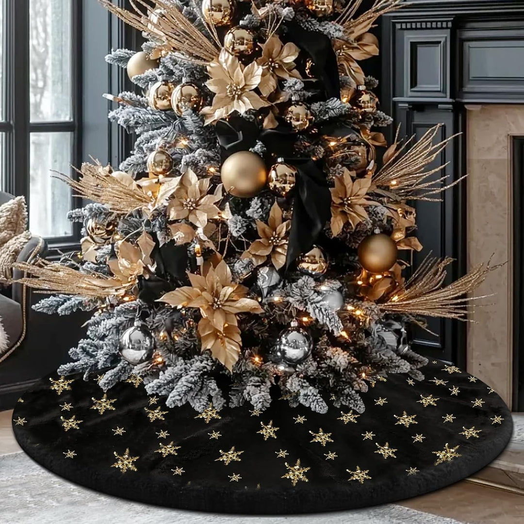 Weihnachtsbaumdecke Schwarz, 120 cm Grosser Weihnachtsbaum Rock Schwarz Kunstpelz mit Silbernen Gold