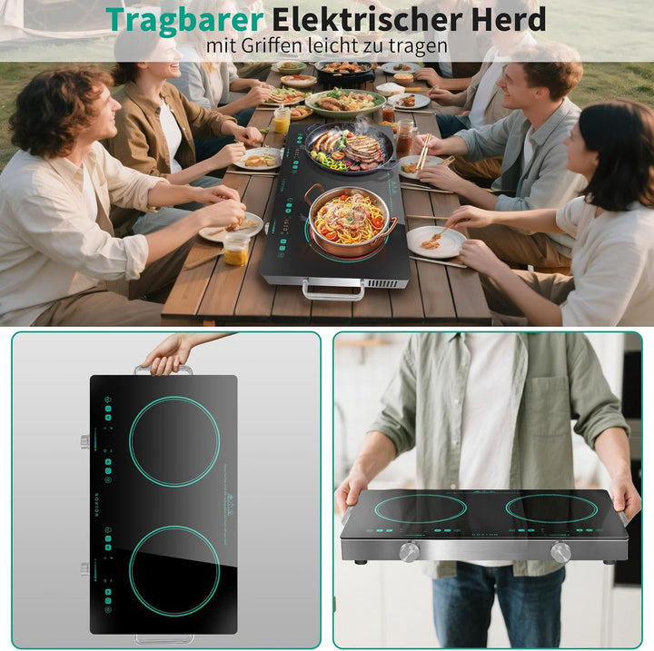 NOXTON Glaskeramikkochfeld 2 Platten Tragbar, Elektrische Herdplatte und Kochplatte Freistehend mit