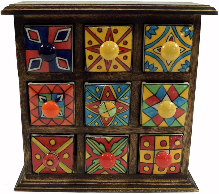 GURU SHOP Apothekerschränkchen mit Bunten Keramik Schubfächern, Gewürzkiste - 3x3 Fächer, 24x24x9 cm
