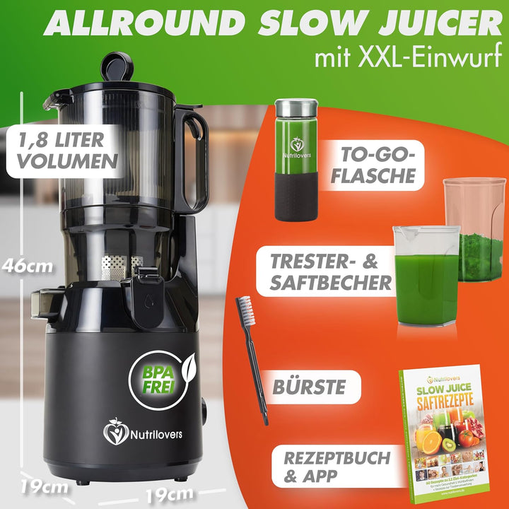 Nutrilovers Slow Juicer NUTRI-PRESS MAX Ganze Früchte entsaften Entsafter | 135 mm XXL-Einwurf, BPA-