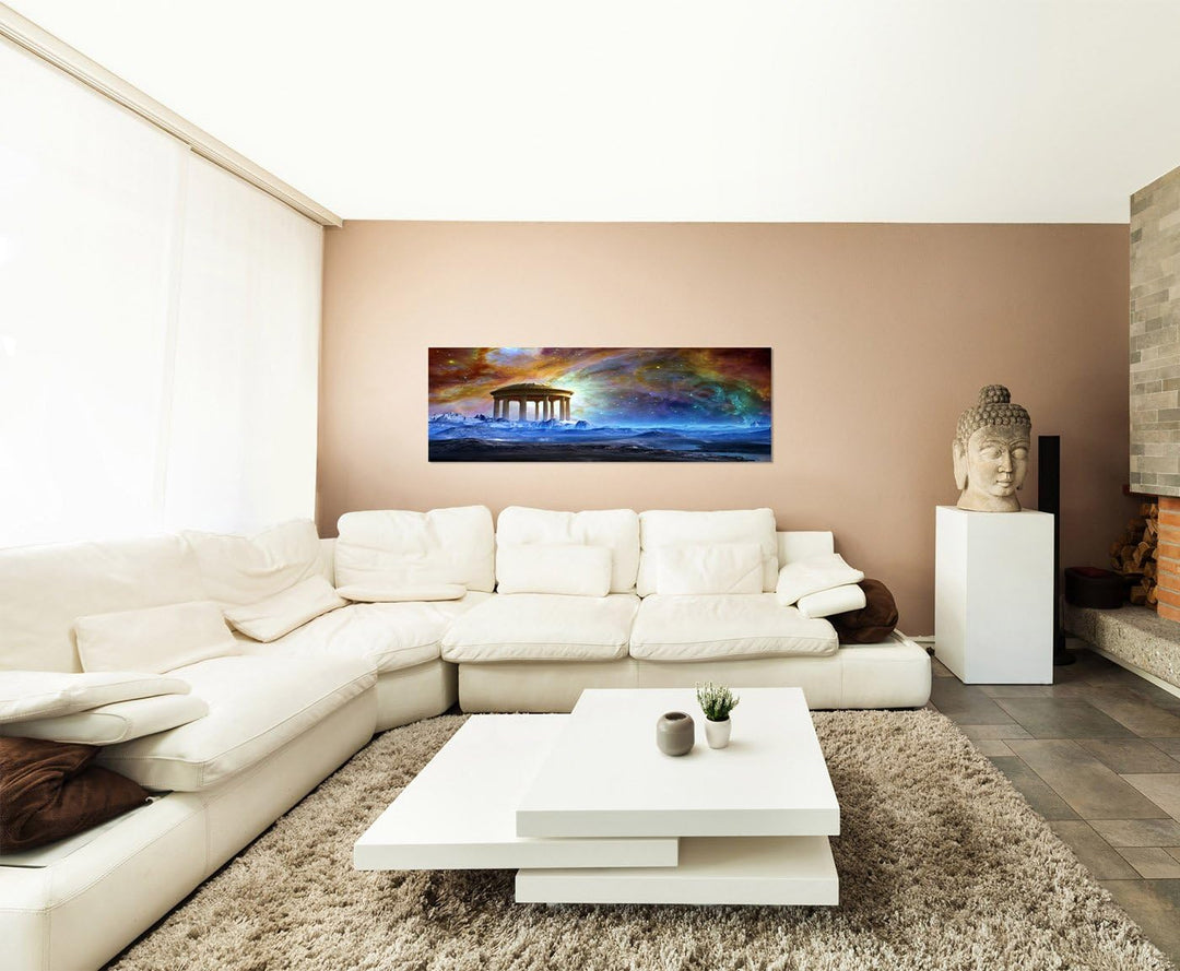 Paul Sinus Art Panoramabild auf Leinwand und Keilrahmen 120x40cm Fantasie Landschaft Tempel Sterne W