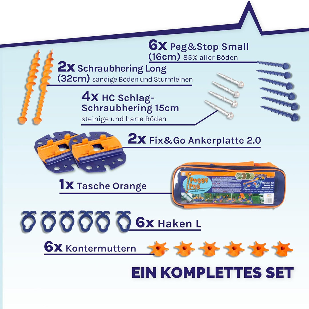 Peggy Peg – Markisenbefestigung Set mit Fix&Go Anker-Platten 2.0 & diversen Schraubheringen – Bodenh