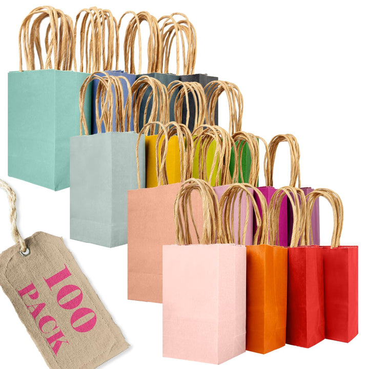 Gcardist 100 Stück Mini-Geschenktüten aus Papier mit Henkeln–4.5"×2.5"×6"kleine Party-Tüten aus Kraf