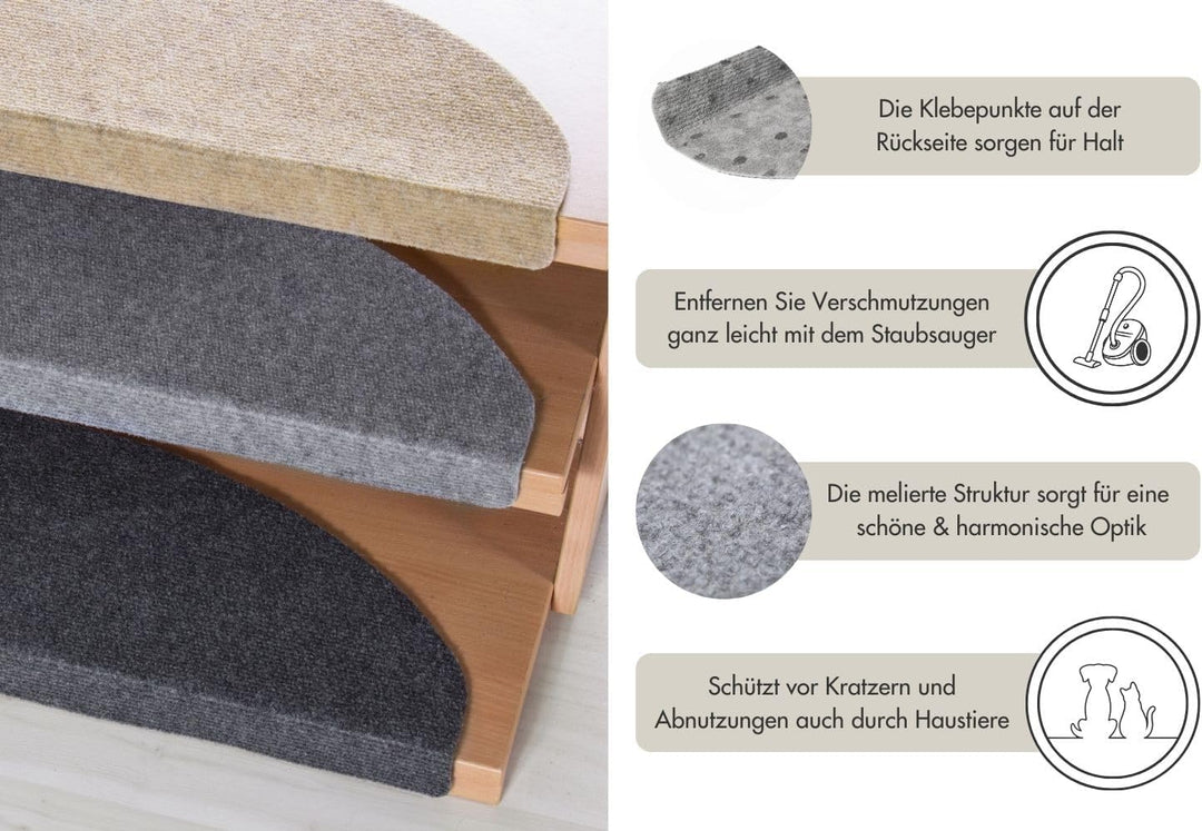 andiamo Stufenmatte Paris - Treppenstufen Matten selbstklebend - Treppenteppich 15er Set - Stufenmat