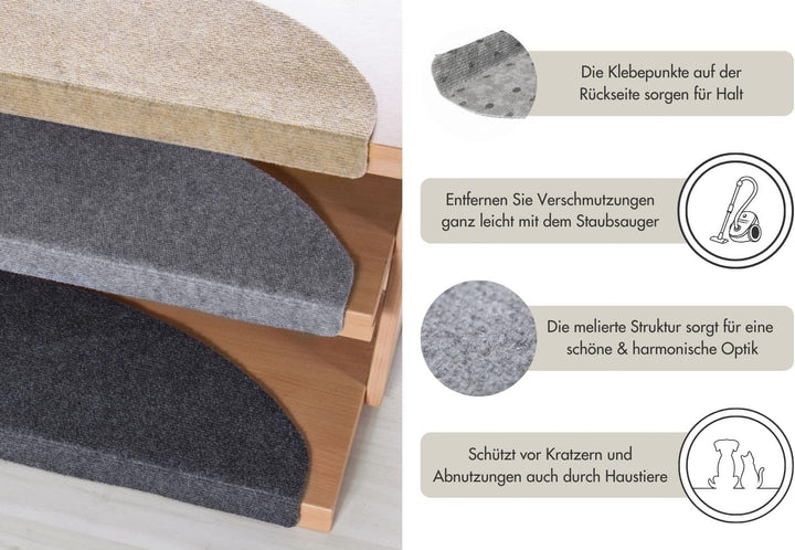 andiamo Stufenmatte Paris - Treppenstufen Matten selbstklebend - Treppenteppich 15er Set - Stufenmat
