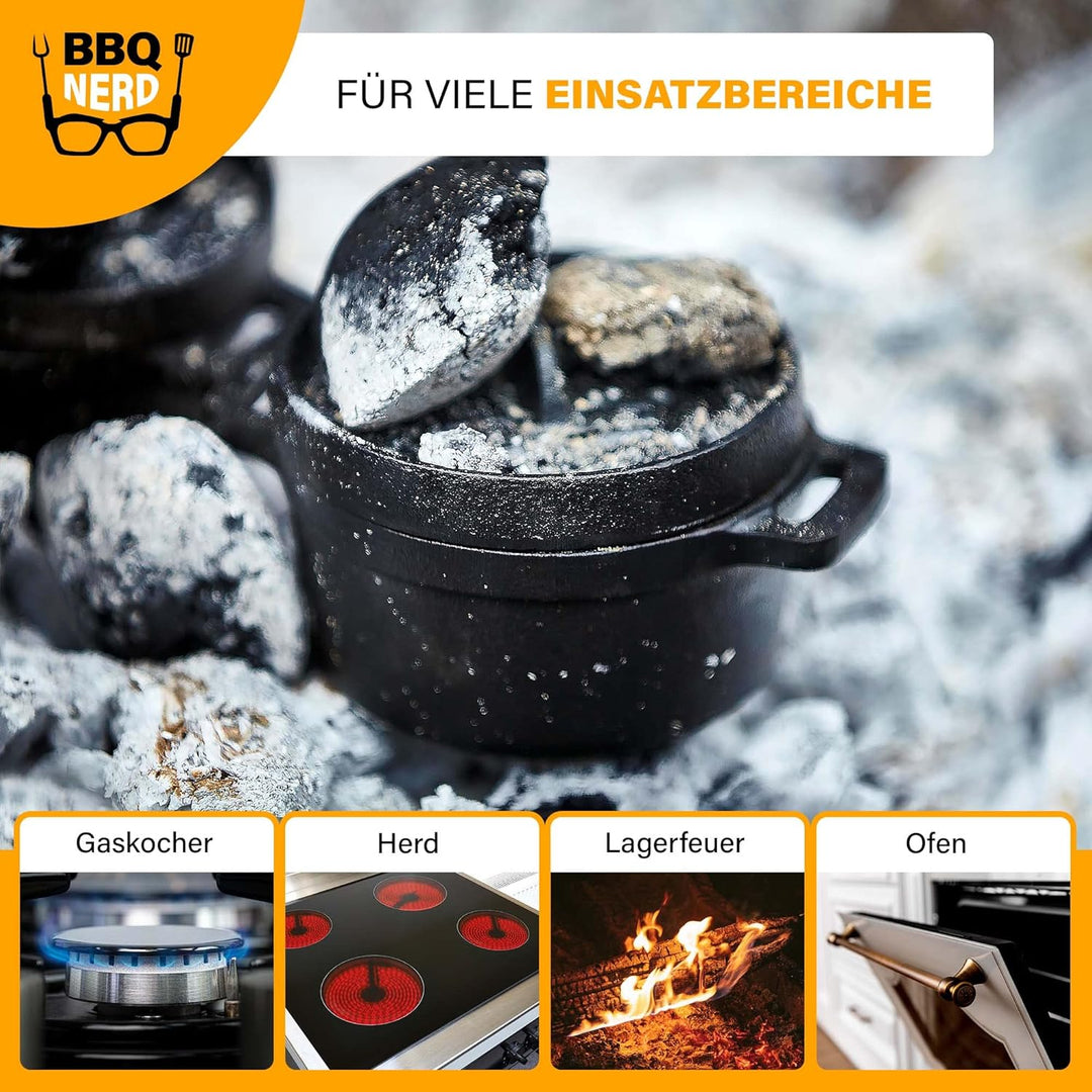 BBQ-Nerd© 6er Set Mini Dutch Oven | Kleiner Gusseisentopf mit Deckel 11x5cm für Grill, Feuerstelle,