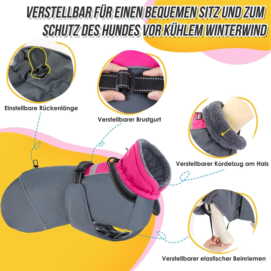 Hundemantel Winter für Grosse Hunde, Wasserdicht Hundejacke mit warmem Fleecefutter und Halsband, Wi