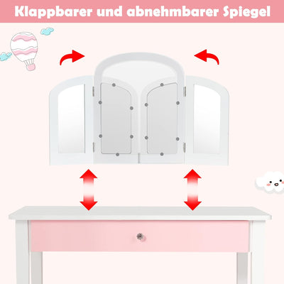 GOPLUS 2 in 1 Kinder Schminktisch, Frisiertisch & Stuhl, Kosmetiktisch mit Abnehmbarem 3-Fach-Spiege