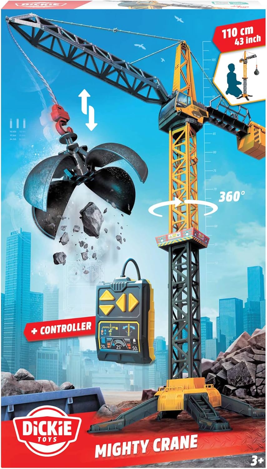 Dickie Toys - Mighty Crane (110 cm) - grosser Spielzeug-Kran mit 360°-Drehung & Abrissbirne inkl. Gr