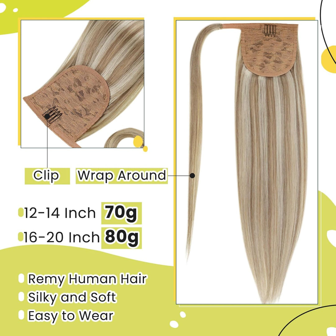 RUNATURE Echthaar Zopf Extensions Aschbraun mit Platinblond Clip in Echthaar Zopf Extensions Remy Ec