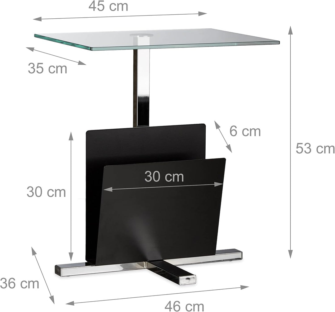 Relaxdays Beistelltisch mit Zeitungsständer, Metall, Glas Couchtisch, Zeitungsablage, HxBxT: 53 x 46