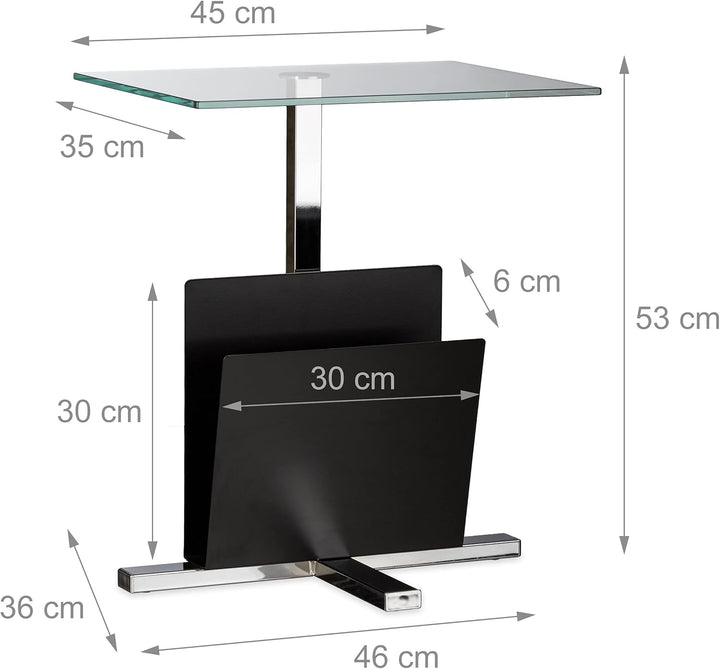 Relaxdays Beistelltisch mit Zeitungsständer, Metall, Glas Couchtisch, Zeitungsablage, HxBxT: 53 x 46