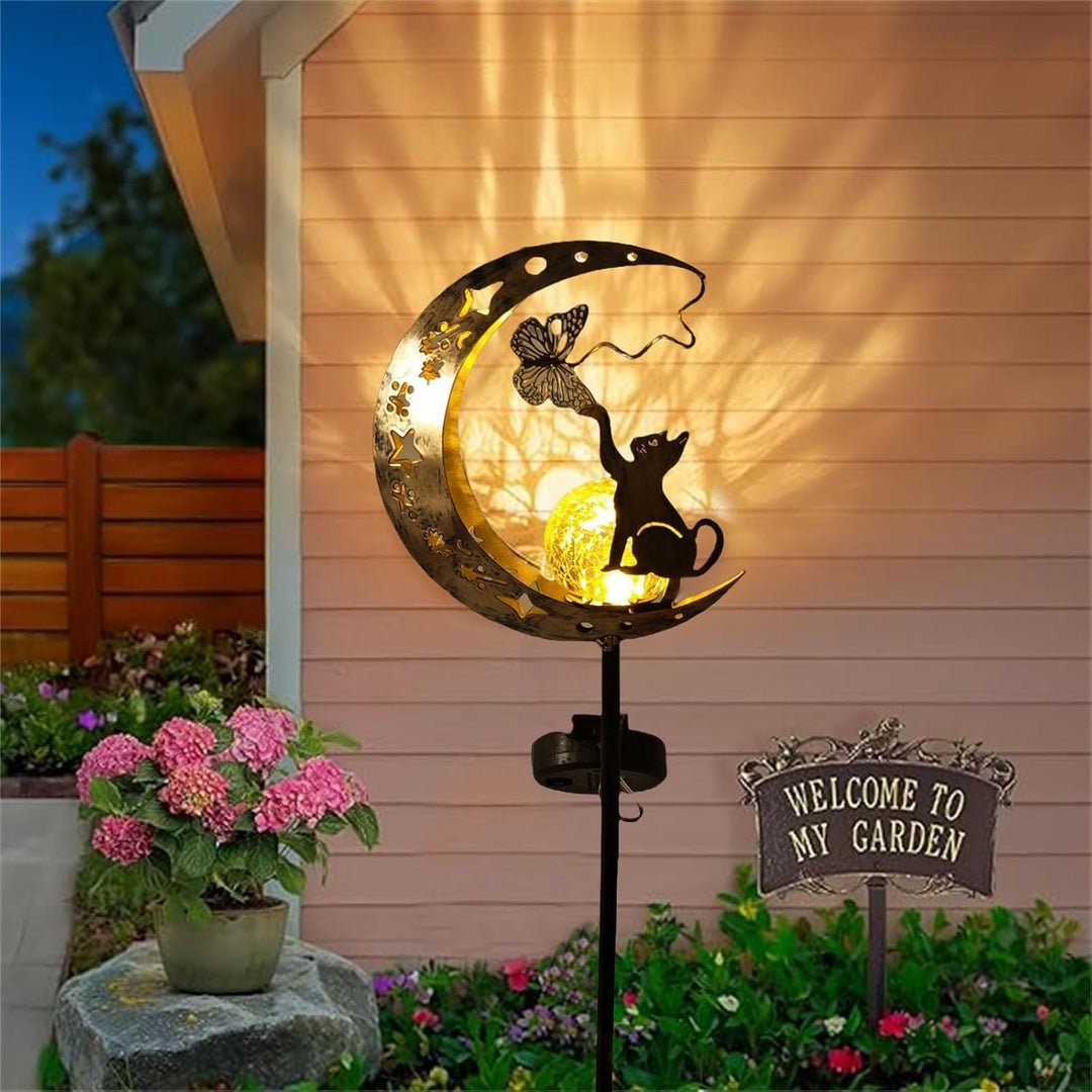 YeahBoom Mond Solarleuchten Garten Deko,Garten mit Katze,Mond Solarleuchten Garte im Freien Solarlam
