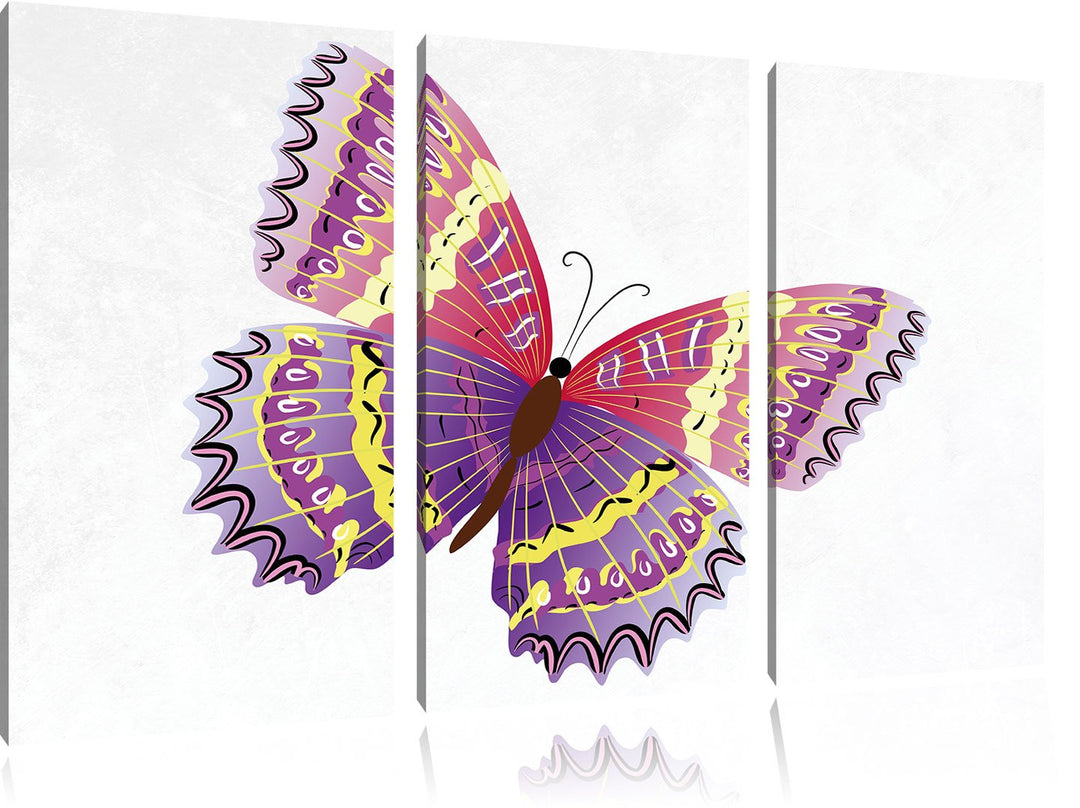 Pixxprint Hübscher Pinker Schmetterling weiss 3-Teiler Leinwandbild 120x80 Bild auf Leinwand