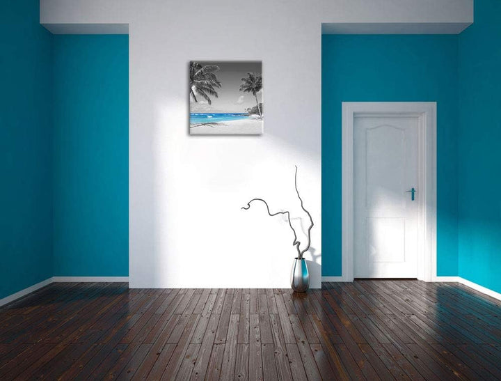 Pixxprint schöner Strand mit Palmen schwarz/weiss, Format: 70x70 auf Leinwand, 70x70