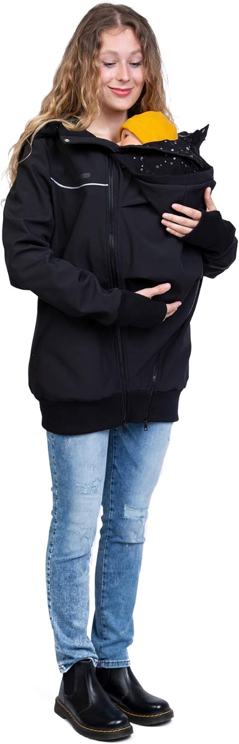 Viva la Mama 3in1 Softshell Tragejacke Baby Umstandsjacke Allwetter I JACKY, S schwarz/Punkte