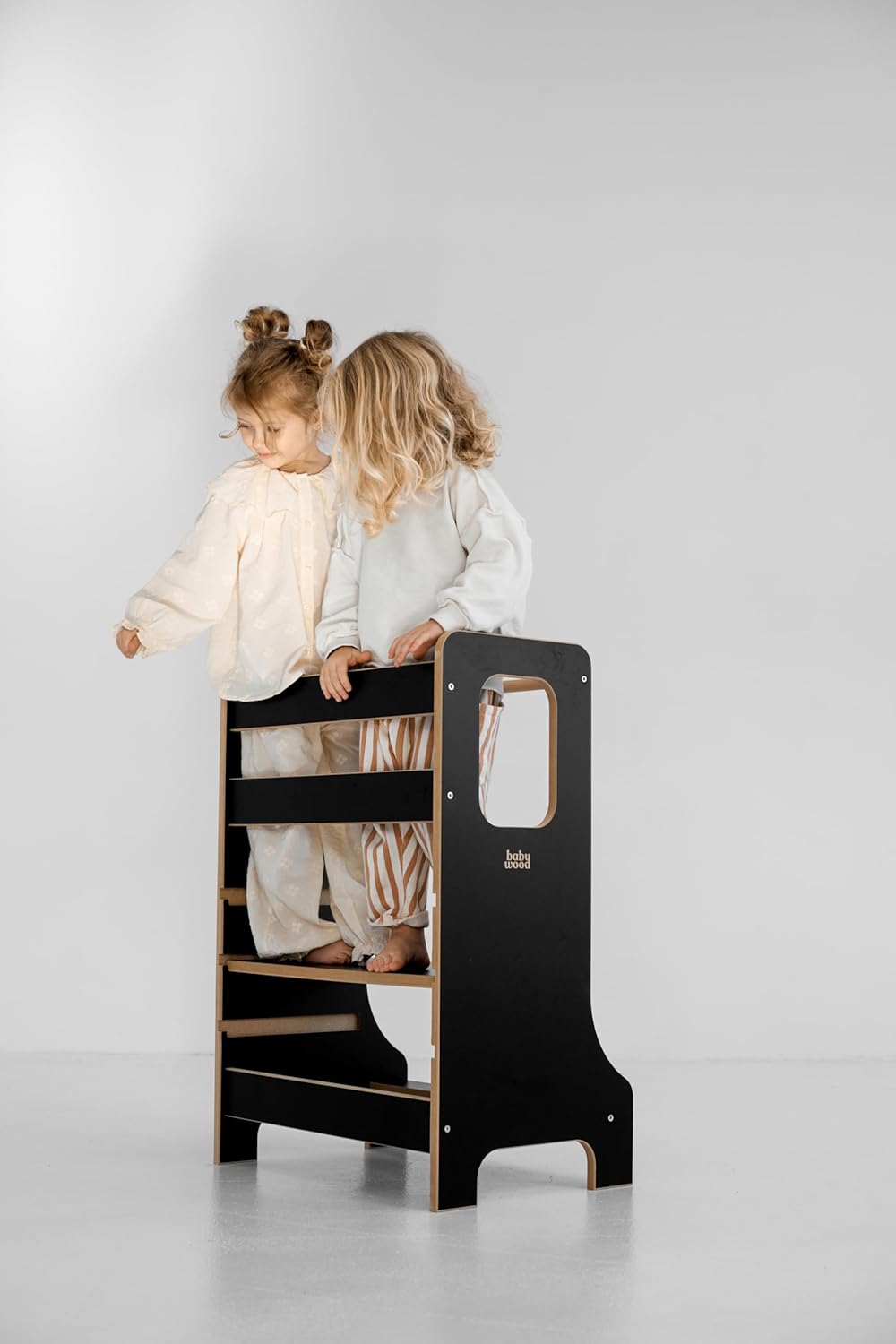 Lernturm Double Slim, Holz Lernturm für Geschwister, Entdeckungsturm für Zwei Kinder, Lernstuhl aus