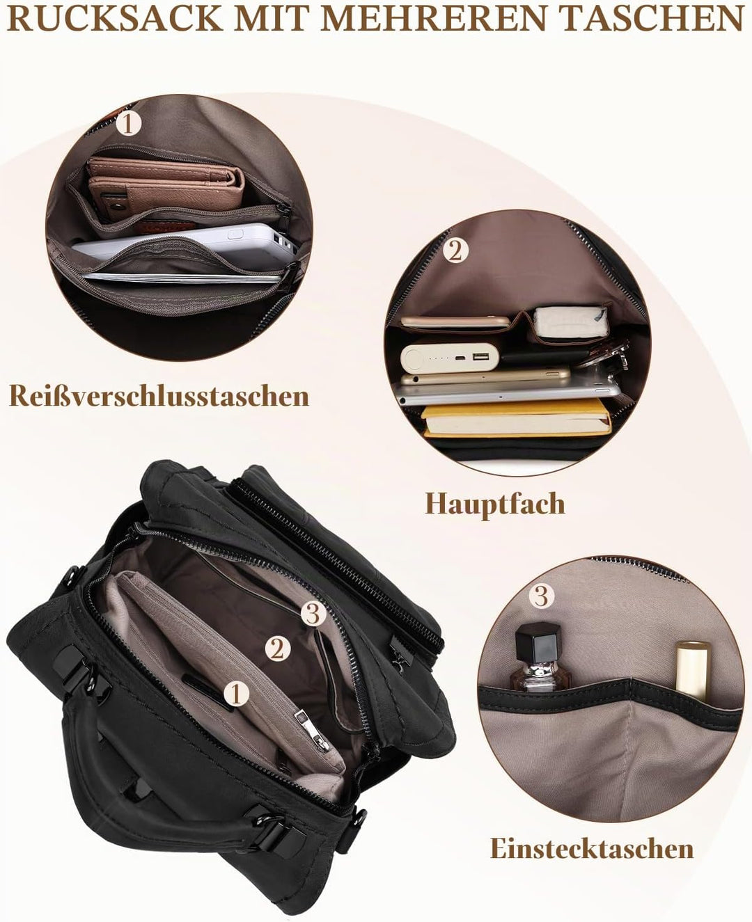 RAVUO Damen Rucksack,PU Leder Rucksack Mode Rucksäcke Rucksackhandtaschen Schulrucksäcke Reise Daypa