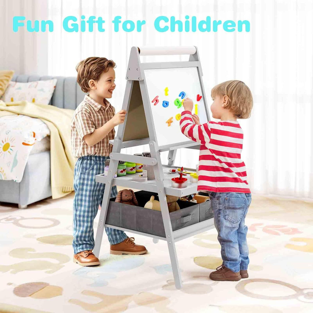 HOMASIS 3-in-1 Kindertafel aus Holz mit Stauraum, Kunstpferd mit Whiteboard, Kreidetafel und Papierr
