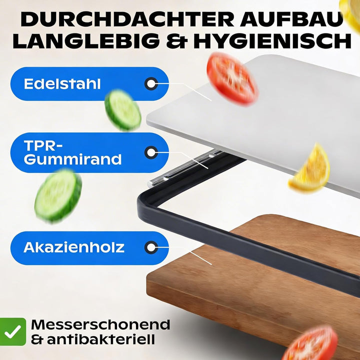 Doppelseitiges Schneidebrett Holz & Edelstahl – 2-in-1 Küchenbrett | Rutschfestes Cutting Board, Gro