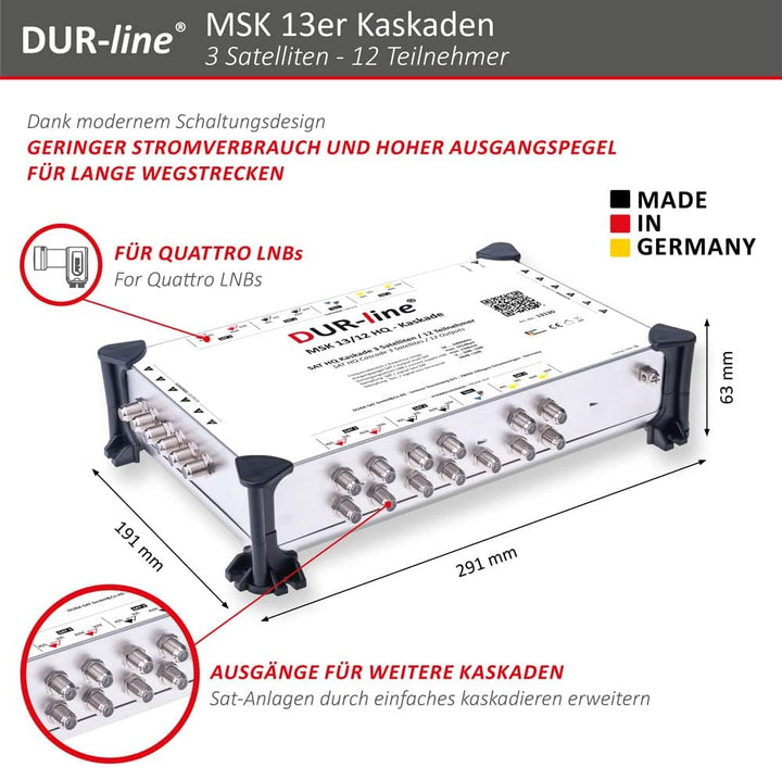 DUR-line MSK 13/12 HQ Multischalter-Kaskade - Für 3 Satelliten und 12 Teilnehmern/TV (erweiterbar) -