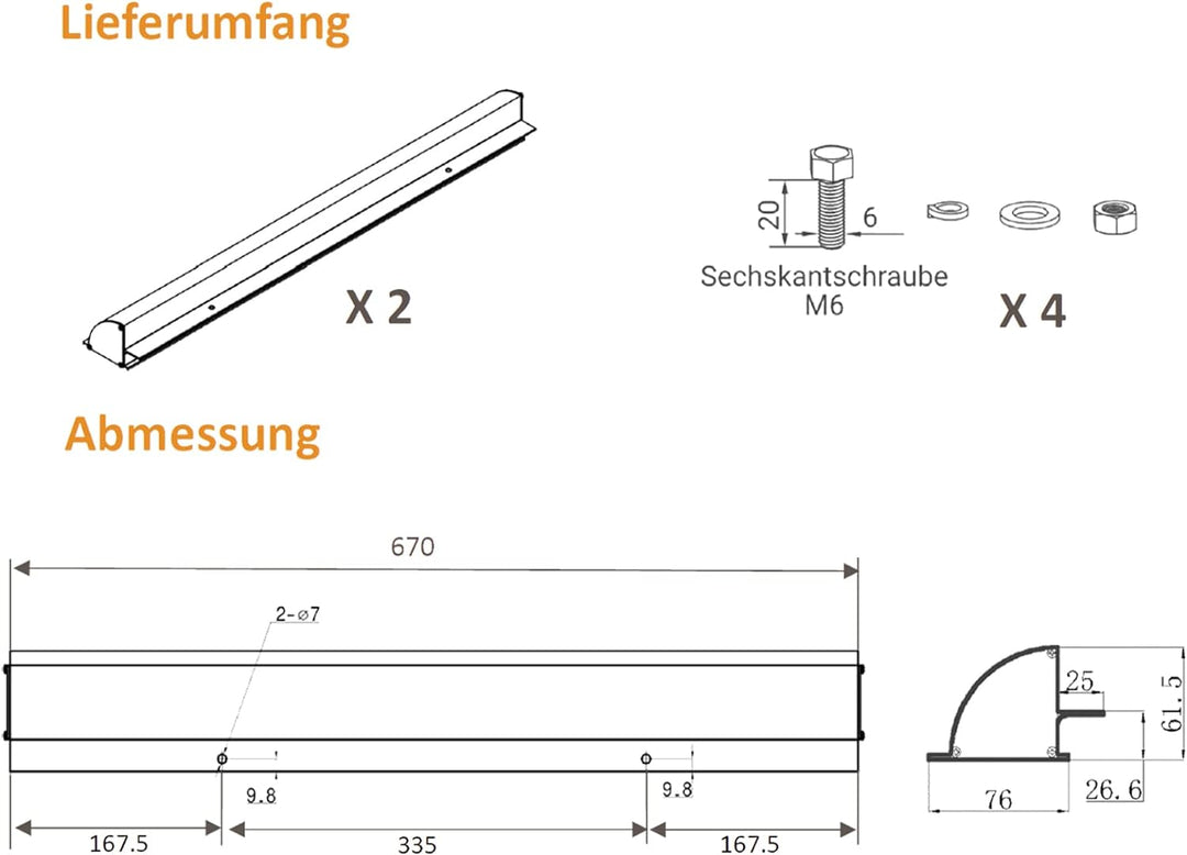 enjoy solar Solarmodul Aluminium 670mm Halterung, Haltespoiler Dachführung in Schwarz mit vorgebohrt