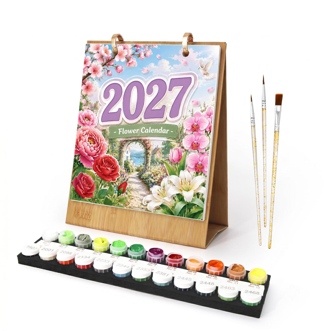Lebartm 2027 Neuer Kalender Malen nach Zahlen Kit für Erwachsene 12 verschiedene Blumen Handgemalte