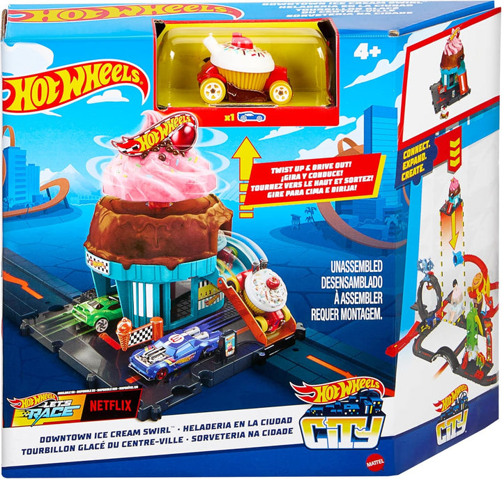 Hot Wheels Let's Race Netflix - City Downtown-Spielset Eiskrem-Strudel - Rennbahn-Action mit Verkehr