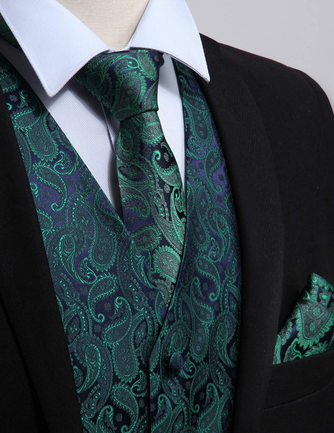 Enlision Herren Paisley Floral Jacquard Weste & Krawatte und Pocket Square Weste Anzug Set XL Grun,