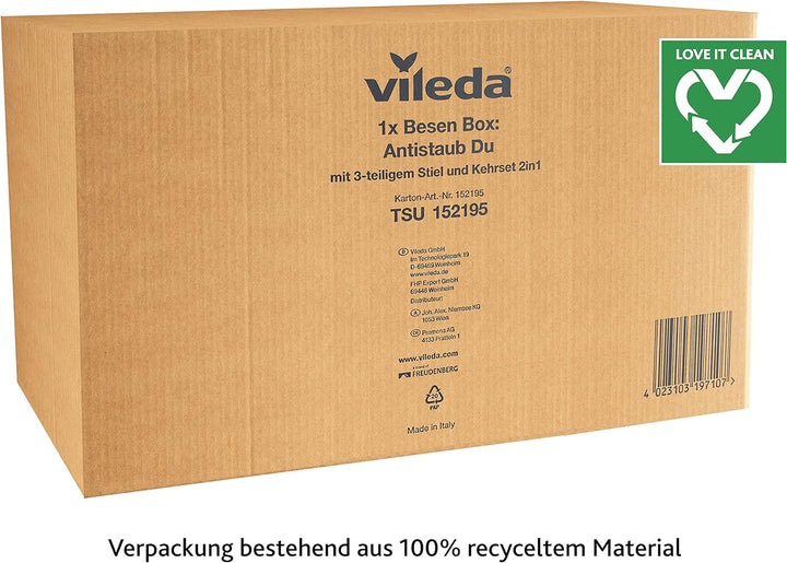 Vileda DuActiva Besen mit 3-tlg Stiel und 2in1 Kehrset, wirbelt staub nicht auf, Handfeger & Kehrsch