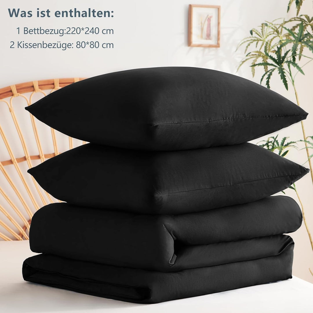 WAVVE Bettwäsche 220x240 3 teilig Schwarz - Bettbezug 220 x 240 Set mit Kissenbezüge 80x80 cm, Bettw