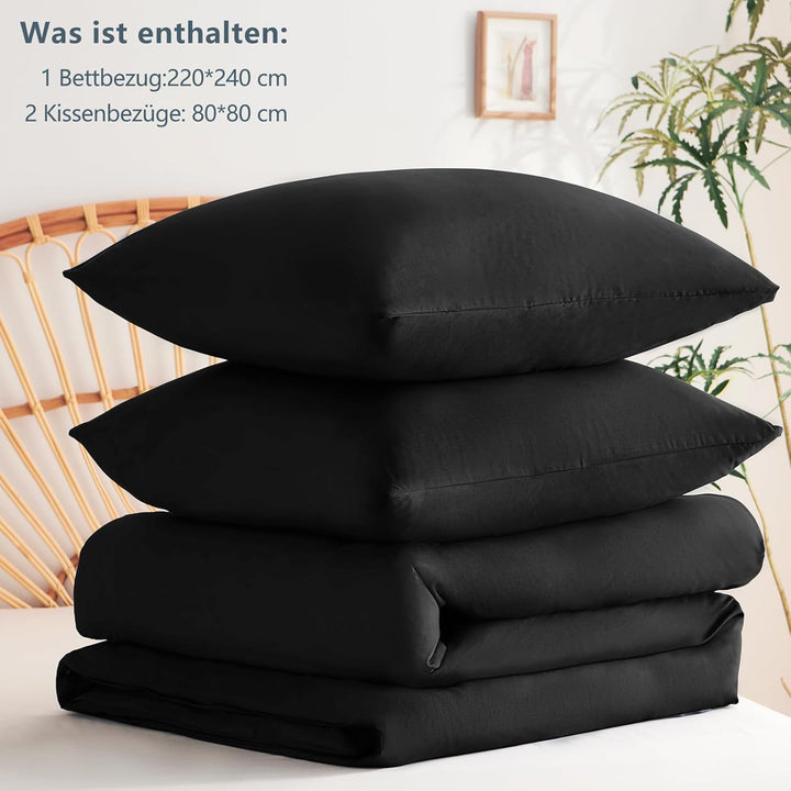 WAVVE Bettwäsche 220x240 3 teilig Schwarz - Bettbezug 220 x 240 Set mit Kissenbezüge 80x80 cm, Bettw