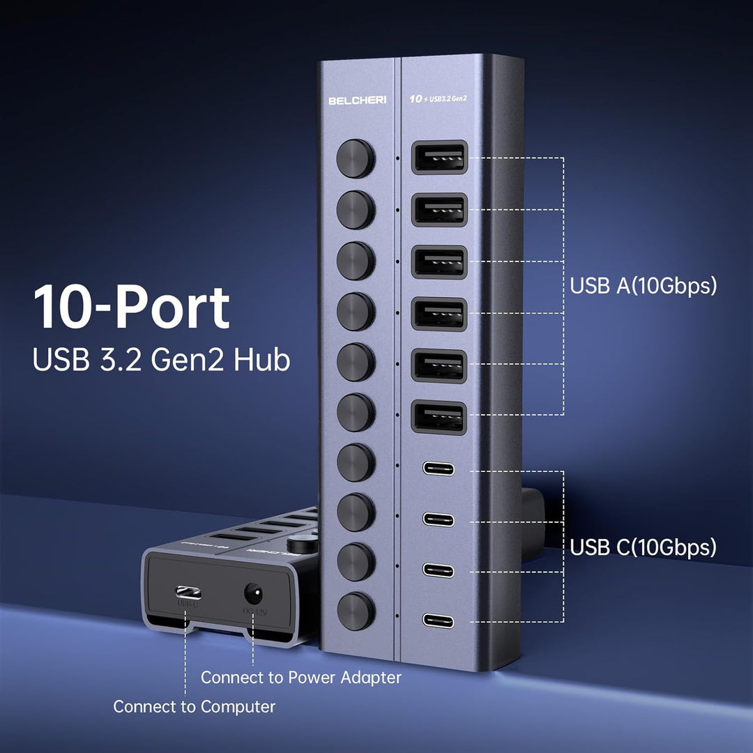 USB Hub mit Netzteil, 10-Port USB 3.2 Gen 2 10Gbit/s Aktiv Hub, Vollaluminium mit 60W (12V 5A) Power