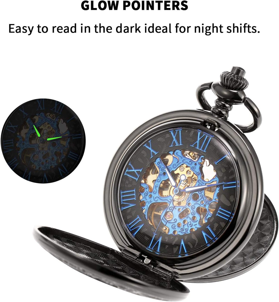 TREEWETO Unisex Taschenuhr mit Kette Mechanische Handaufzug Doppelscharnier Antik Skelett Römische Z