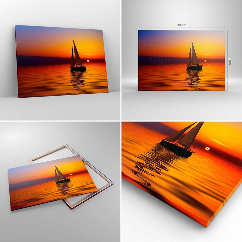 Bilder auf Leinwand 100x70cm Leinwandbild Boot Sonnenuntergang Landschaft Gross Wanddeko Bild Schlaf