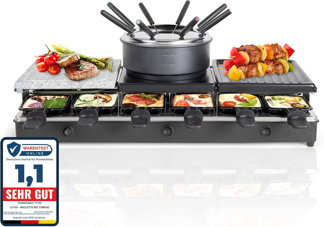 LUTEO Raclette Fondue Kombi 12 Personen Gross - Raclette Grill mit Grillplatte und Heisser Stein - E