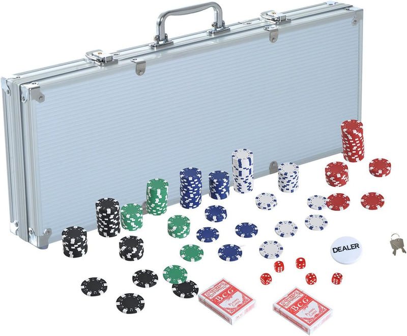 HOMCOM Pokerkoffer Pokerset 500 Pokerchips 2xKartenspiel 5xWürfel 1xAlukoffer Poker Set Jetons Koffe