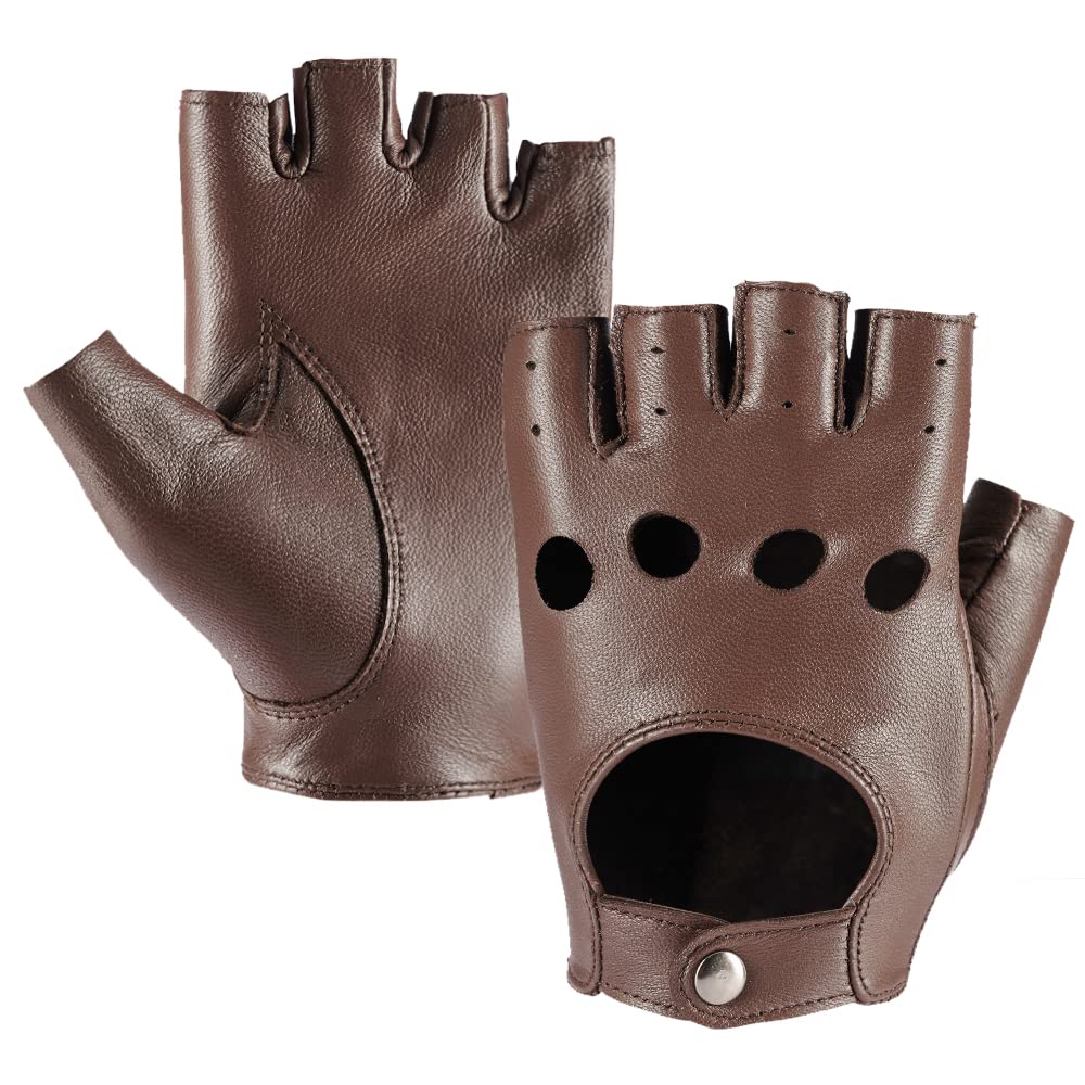 Damen Fingerlose Schaffell Autofahrer Lederhandschuhe Rock Punk Handschuhe M Braun, M Braun