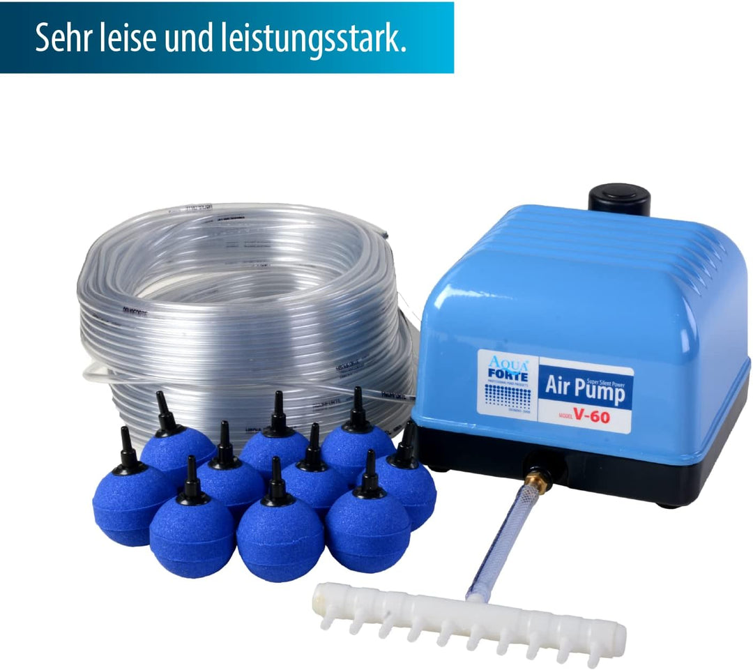 AquaForte Hi-Flow V-60 Luftpumpenset, Komplettset mit Luftverteilern, 50 m Schlauch 4 x 6 mm und 10
