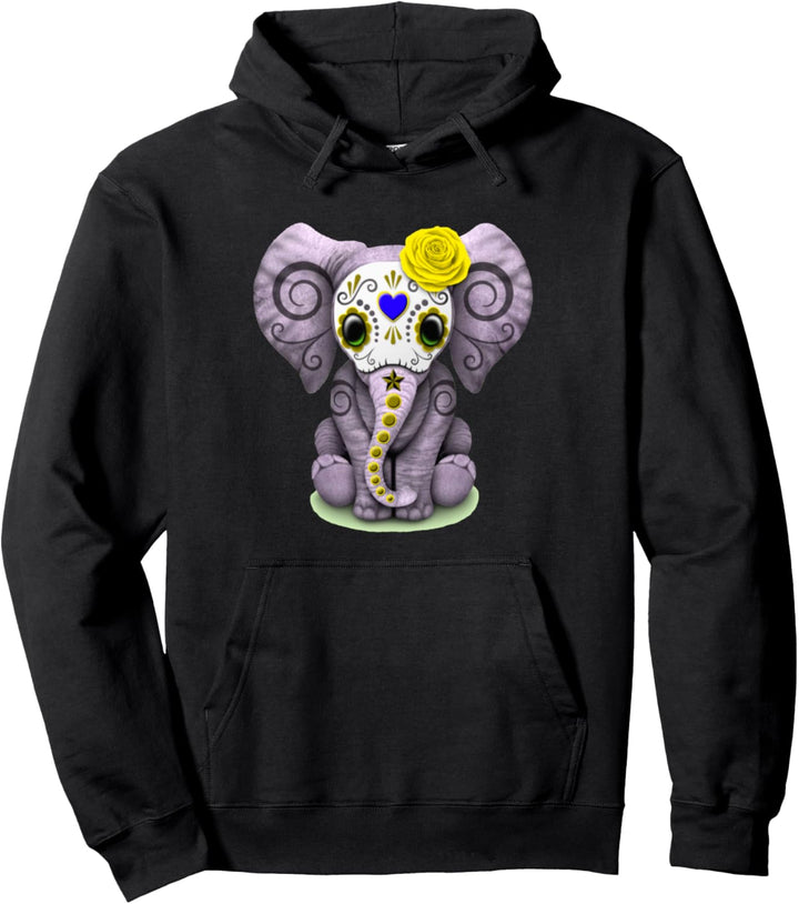 Sugar Skull Yellow Rose Elephant Day Of The Dead Halloween Pullover Hoodie
