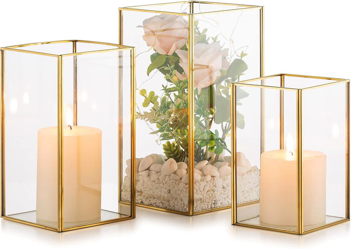 Nuptio Kerzenständer Glas Windlicht: Set von 3 Gross Kerzenhalter Stumpenkerzen, Dekorative Laternen
