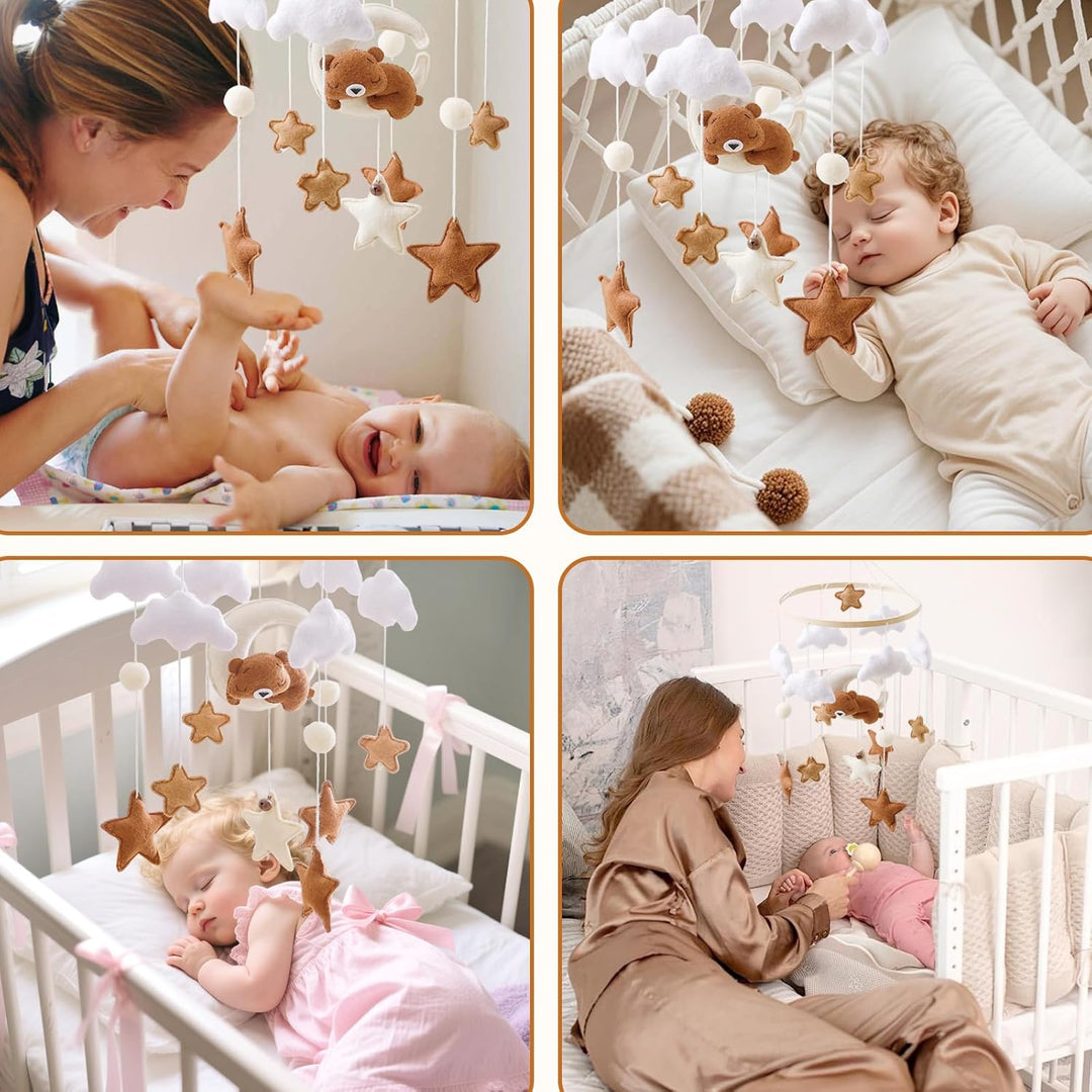 Mobile Babybett, Mobile Baby Windspiele mit 3D Bär Mond Wolken Sterne Glocke, Kinderzimmer Hängende