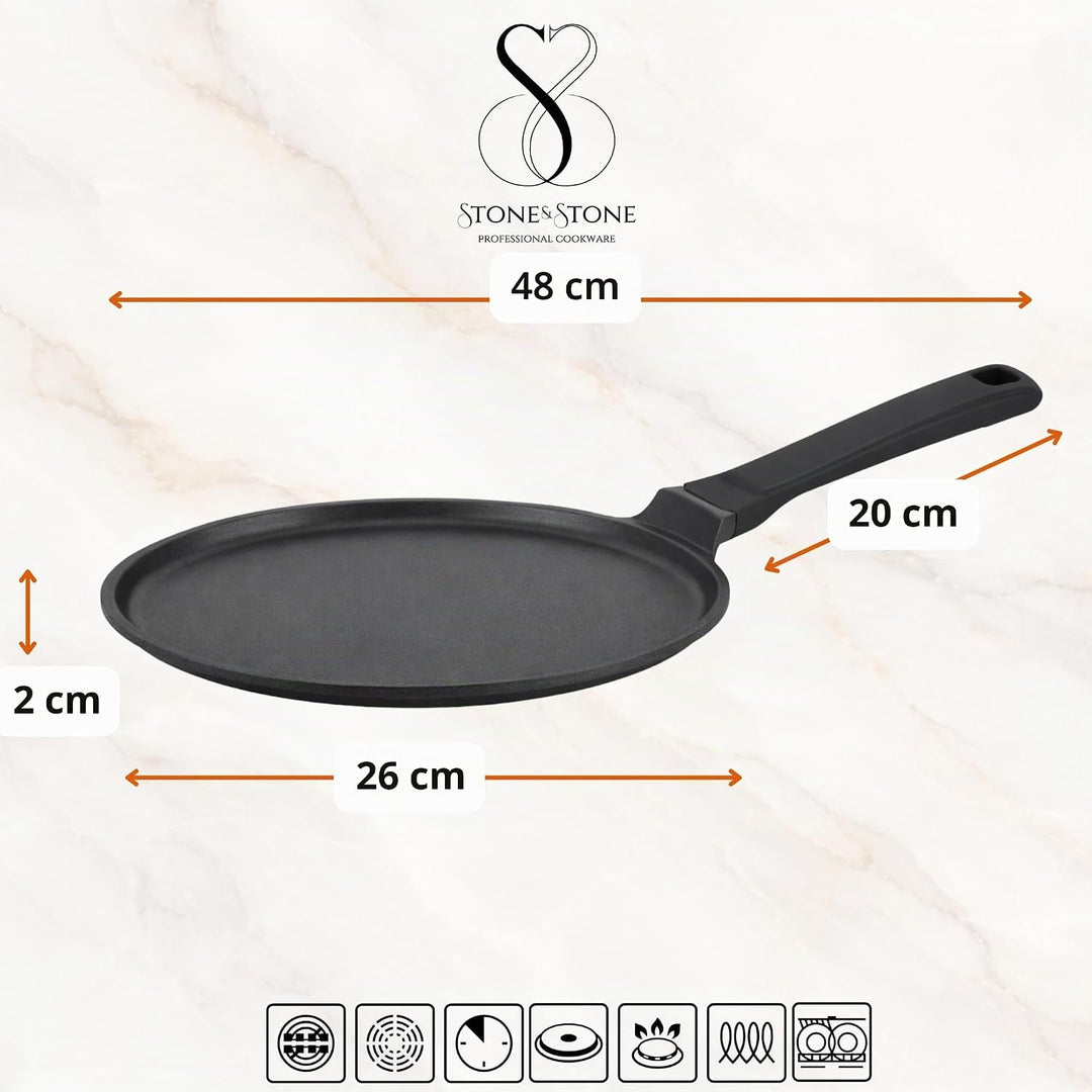 Stone&Stone Crêpespfanne 26cm – Pfannkuchenpfanne Antihaft, Induktion & Gas geeignet, Spülmaschinenf