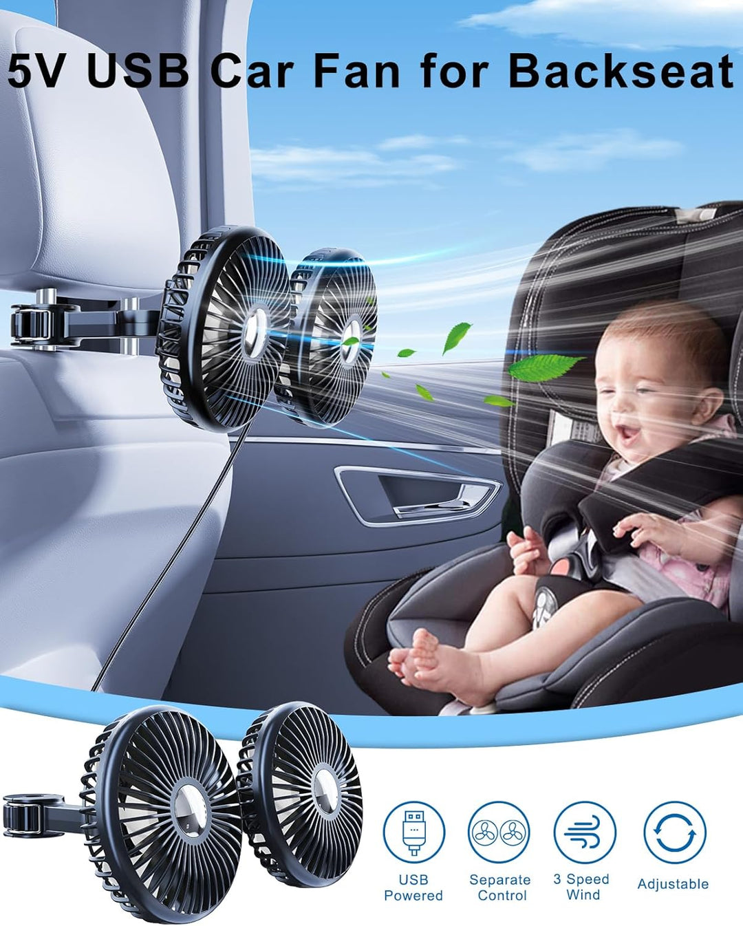 Auto-Ventilator für Rücksitz, 360 ° drehbar Autositz-Ventilator für Baby nach hinten gerichtet, 3 Ge