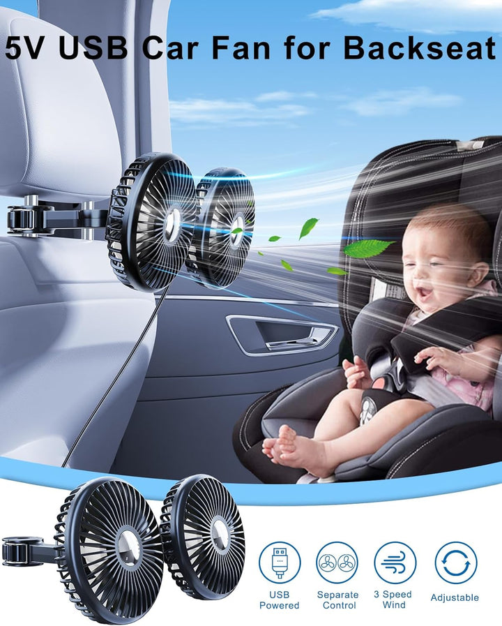 Auto-Ventilator für Rücksitz, 360 ° drehbar Autositz-Ventilator für Baby nach hinten gerichtet, 3 Ge