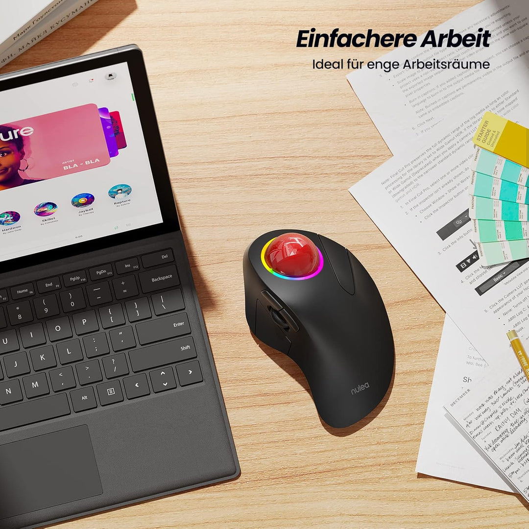 Nulea M505B Mouse Kabellose Trackball-Maus, wiederaufladbare ergonomische RGB-Rollerball-Maus, einfa