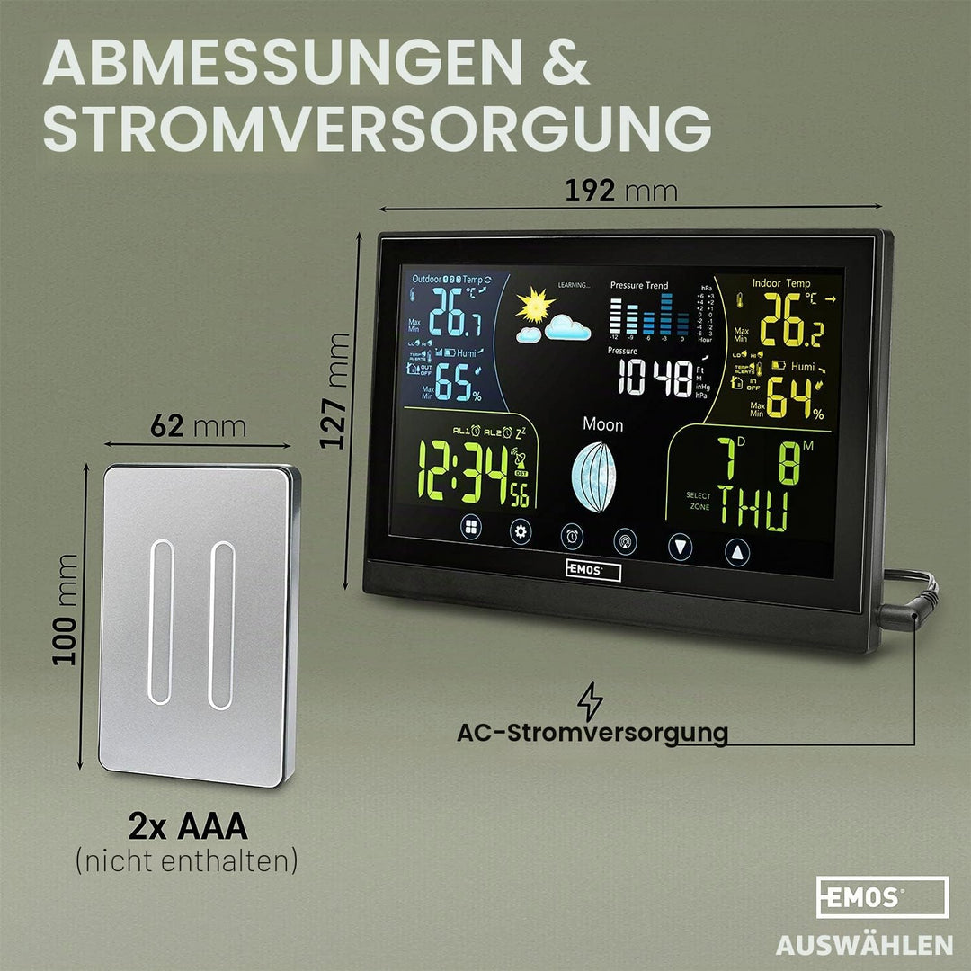 Emos Wetterstation Funk mit Aussensensor, Touchscreen und Farbdisplay, DCF Empfangssignal Funkuhr -